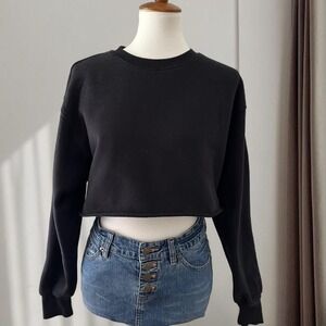 Tna Aritzia CozyAF Fleece Cropped Sweatshirt Black Crew Neck Size 1 Long Sleeve